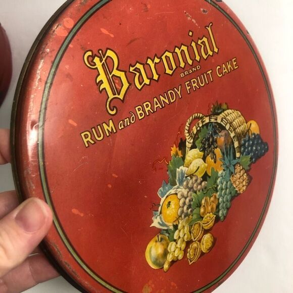 vtg baronial brand rum and brandy fruit cake metal tin round red htf as is - Picture 15 of 15